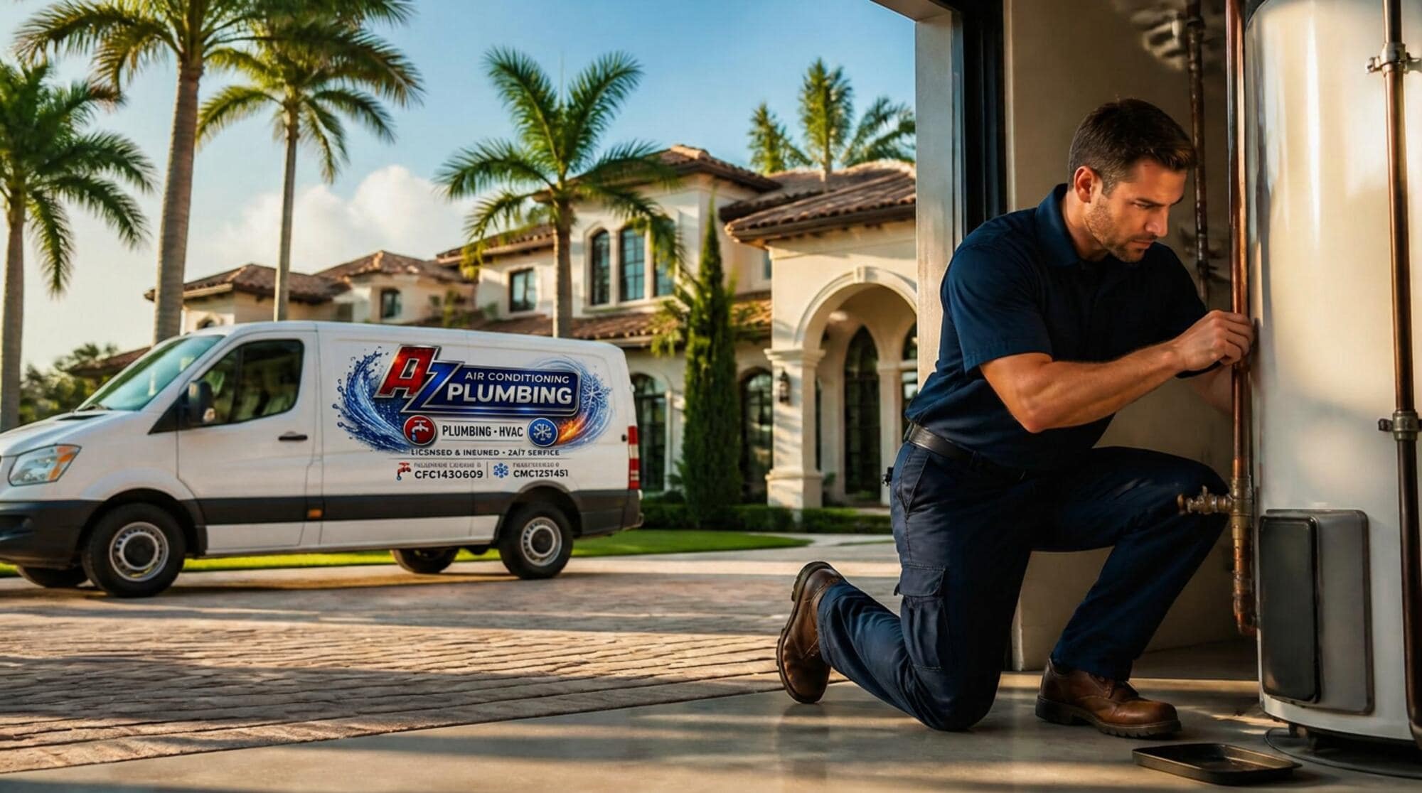 AZ Plumbing & Air service truck at a South Florida home with technician servicing a water heater